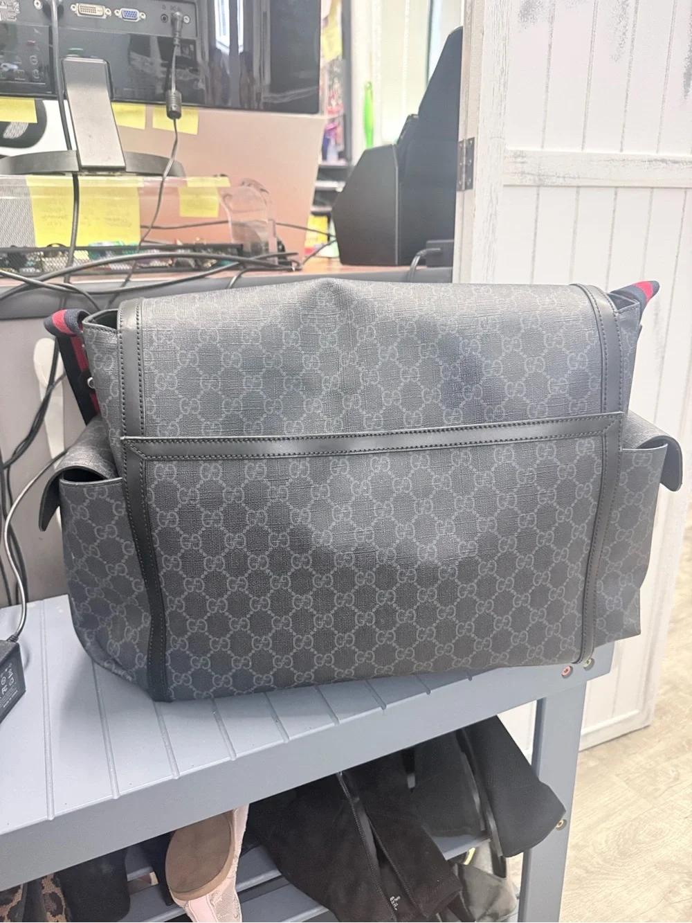 Gucci Gray GG Diaper Bag with Red and Blue Web Strap